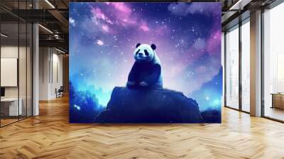 panda sitting under a starry night sky. dark blues and purples for the sky, the panda with a subtle, dream-like effect. twinkling stars and a crescent moon to create a magical atmosphere Wall mural