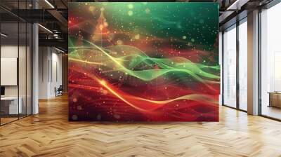 Red and green abstract background with floating, digital holiday trees Wall mural