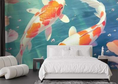 serene koi fish gliding gracefully in a tranquil pond. soft, soothing colors and delicate brushstrokes to capture the peacefulness and beauty of these elegant creatures Wall mural