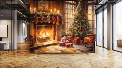 watercolor christmas tree and fireplace presents in a dreamy scene Wall mural