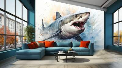 watercolor Shark Hungry shark illustration with splash watercolor textured background Wall mural