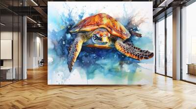 watercolor Turtle illustration with splash watercolor textured background Wall mural