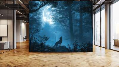 werewolf howling at the moon in a forest howling wolf Wall mural