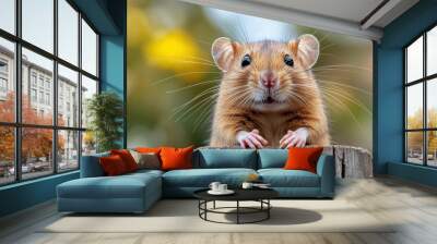 A brown rat with expressive eyes and whiskers peering over the top of a wooden post, set against a blurred background of green and yellow, conveying nature and curiosity. Wall mural