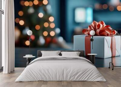 A carefully wrapped Christmas present with a red bow sits on a table, with festive bokeh lights and a decorated Christmas tree in the background, creating a warm holiday ambiance. Wall mural