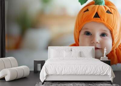 A cheerful baby wearing a pumpkin hat lies on a soft white surface, exuding joy and innocence in a warm indoor setting, epitomizing the festive spirit of autumn. Wall mural