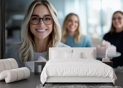 A cheerful woman with glasses, holding a pink-ribboned gift box, in a well-lit room with two other smiling females in the background, conveying joy and celebration. Wall mural