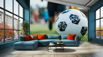 A classic black-and-white patterned soccer ball on green grass with athletes visible in the background, emphasizing a sense of motion and sportsmanship. Wall mural