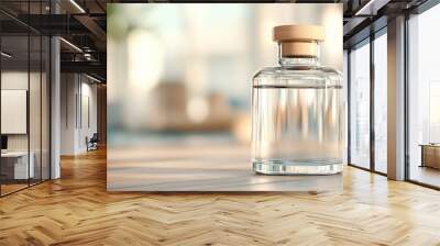 A clear cylindrical glass perfume bottle with a wooden cap stands on a light wooden surface, showcasing simplicity and natural beauty in a bright atmosphere. Wall mural