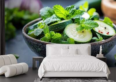 A close-up of a bowl filled with a fresh zucchini salad garnished with mint leaves and pepper, highlighting the vibrant green colors and healthy, refreshing appeal of the dish. Wall mural