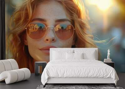 A close-up of a woman showcasing her sunglasses that reflect the radiant sunset light Wall mural