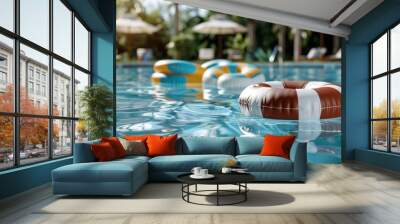 A collection of colorful pool floaties is gently bobbing in a serene blue water pool, surrounded by lush plants and poolside umbrellas, inviting a feeling of relaxation and leisure. Wall mural