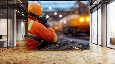 A construction worker's back is turned, clad in orange gear and observing the bustling worksite activity, showcasing teamwork and industrial progress at twilight. Wall mural