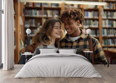 A couple's shared love for literature is evident in their joyful expressions as they browse through the shelves of a bustling public library, surrounded by rows of books and bookcases Wall mural