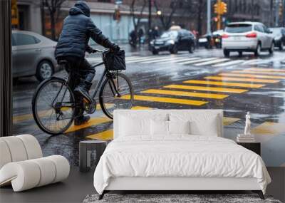 A cyclist is shown crossing a wet zebra crossing in a busy urban setting with multiple vehicles around, highlighting the reflections on the wet surface and the rainy atmosphere. Wall mural