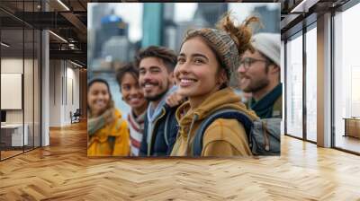 A diverse group of young adults smile brightly in an urban setting, conveying friendship and happiness Wall mural