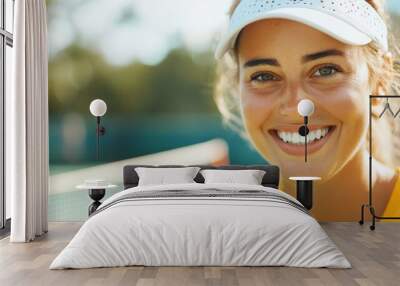 A female tennis player gives a radiant smile as she plays on a sunny outdoor court, emphasizing her enthusiasm and spirited love for the game. Wall mural