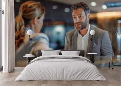 A focused businessman in a grey suit is attentively talking to a woman in an indoor setting Wall mural