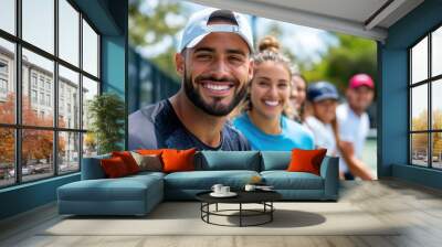 A group of friends, laughing and dressed in tennis attire, sit on the edge of an outdoor court, enjoying the camaraderie, happiness, and joy of a sunny sports day. Wall mural