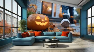 A Halloween scene with lit pumpkins on a walkway covered with autumn leaves, set against the background of a house entrance illuminated with warm lights. Wall mural