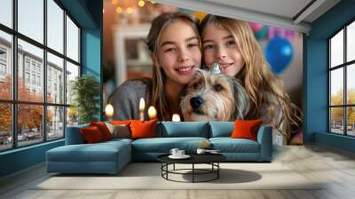 A joyful birthday celebration captured in a photo, as two girls strike a pose with a fluffy dog and a cake adorned with candles, their beaming smiles radiating warmth and love indoors Wall mural