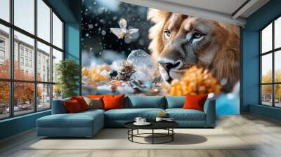 A lion is seen lying amidst various plastic waste in a dramatic depiction of ecological degradation, emphasizing the pressing issue of pollution in natural habitats. Wall mural