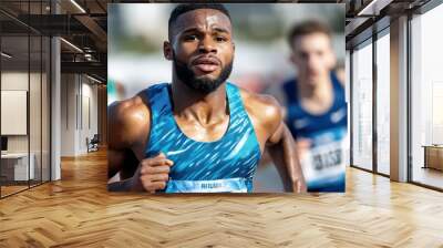 A male athlete in a blue running suit powers through a race, expressions of determination and focus enhancing the competitive spirit of the event. Wall mural