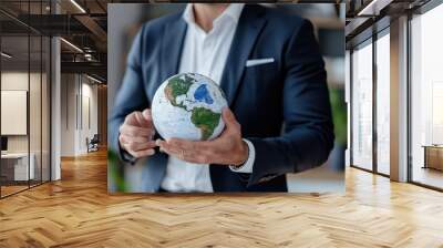 A man in a suit presents a world globe in a sleek, modern office setting, reflecting globalization, professional growth, and the future of international business. Wall mural