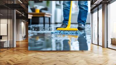 A mop with a blue head is soaking up water from the wet floor of a stylish living room, showcasing a scene of diligent home maintenance and cleanliness. Wall mural