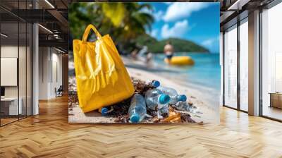 A peaceful beach scene is marred by the presence of a yellow bag and discarded plastic water bottles, illustrating the negative impact of litter on natural environments. Wall mural