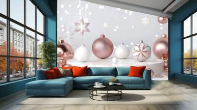 A set of elegant Christmas decorations in rose gold and white with baubles, stars, and ornaments on a white background, symbolizing festive cheer, elegance, and modern holiday decor. Wall mural