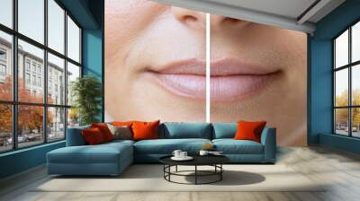 A side-by-side close-up comparison of two human lips highlights differences in texture and shape, emphasizing individuality and human expression in crisp detail. Wall mural