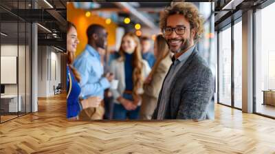 A smiling professional in a stylish suit partakes in a networking session with peers Wall mural