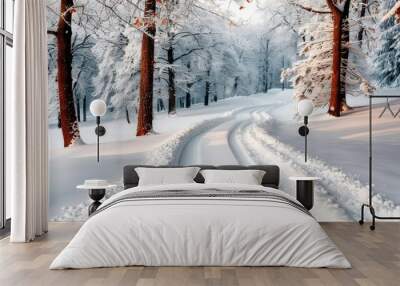 A snow-covered road winds its way through a serene forest, capturing the essence of a peaceful winter wonderland, inviting viewers to explore nature's tranquil beauty. Wall mural