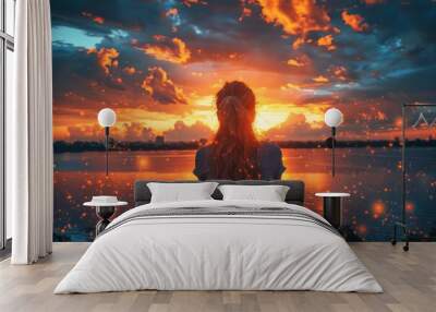 A solitary woman sits in contemplation, watching a breathtaking sunset sparkling over calm waters, evoking peace Wall mural