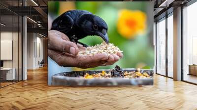 A striking moment showing a bird gently pecking grains from a person's hand, illustrating trust and interaction between humans and wildlife in serene harmony. Wall mural