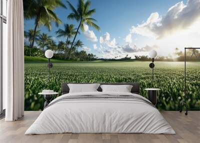 A sunlit, expansive golf field bordered by tropical palms under a blue sky, presenting a tranquil scene imbued with vitality and a sense of idyllic leisure. Wall mural