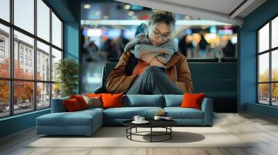 A traveler sits with their back to the camera, waiting in an airport terminal, capturing the concept of travel and anticipation Wall mural