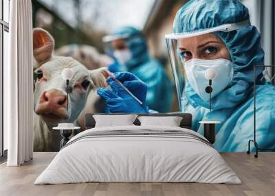 A veterinarian in protective blue gear and mask is administering an injection to a calf's ear, showcasing animal care and veterinary practices in a clean environment. Wall mural