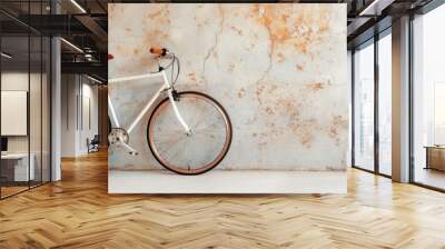 A white bicycle with brown seat and handlebars resting against an aged, textured wall, depicting a blend of simplicity and rustic charm in an urban setting. Wall mural