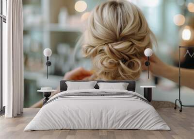 A woman's bun is expertly styled in a beauty salon, ready for her wedding day, as her hairdresser's hands bring her desired hairstyle to life Wall mural