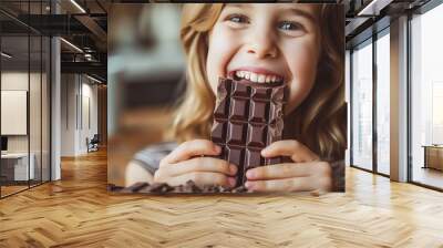 A young girl indulging in a delicious chocolate bar, savoring each bite as she holds it in her hand, her face filled with pure joy and satisfaction Wall mural