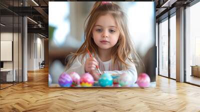 A young girl with a determined look on her face carefully paints vibrant designs onto delicate easter eggs, her tiny hands adorned with colorful party supplies as she adds her personal touch to the f Wall mural