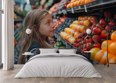 A young lady browsing a vibrant selection of fresh fruits in the grocery store, depicting healthy lifestyle choices and modern consumerism Wall mural