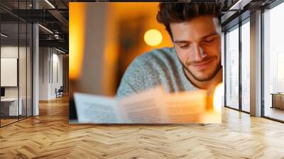 A young man with a cheerful expression and stylish hair reads a letter in a warmly lit environment, evoking feelings of joy and contentment. Wall mural