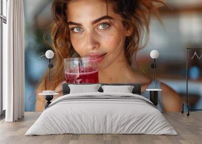 A young woman with freckles sips a vibrant red drink from a clear glass, enjoying a sunny day indoors, with a serene and relaxed expression on her face. Wall mural