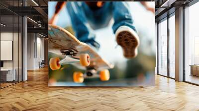 An energetic close-up image of a skateboarder performing a daring trick in mid-air, capturing the dynamic movement and vibrant spirit of skateboarding culture in the park. Wall mural