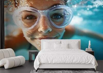 An enthusiastic swimmer underwater sporting goggles and a big smile. The vibrant water enhances the playful and exuberant mood captured in this moment. Wall mural