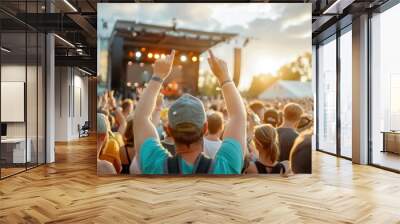 An excited and enthusiastic audience at a live outdoor music performance, raising their hands in celebration and creating an energetic and lively atmosphere under the evening sky. Wall mural