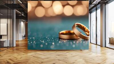 Close-up of two gold bands with a sparkling bokeh background, offering a sense of luxury, celebration, love, and timeless elegance. Wall mural